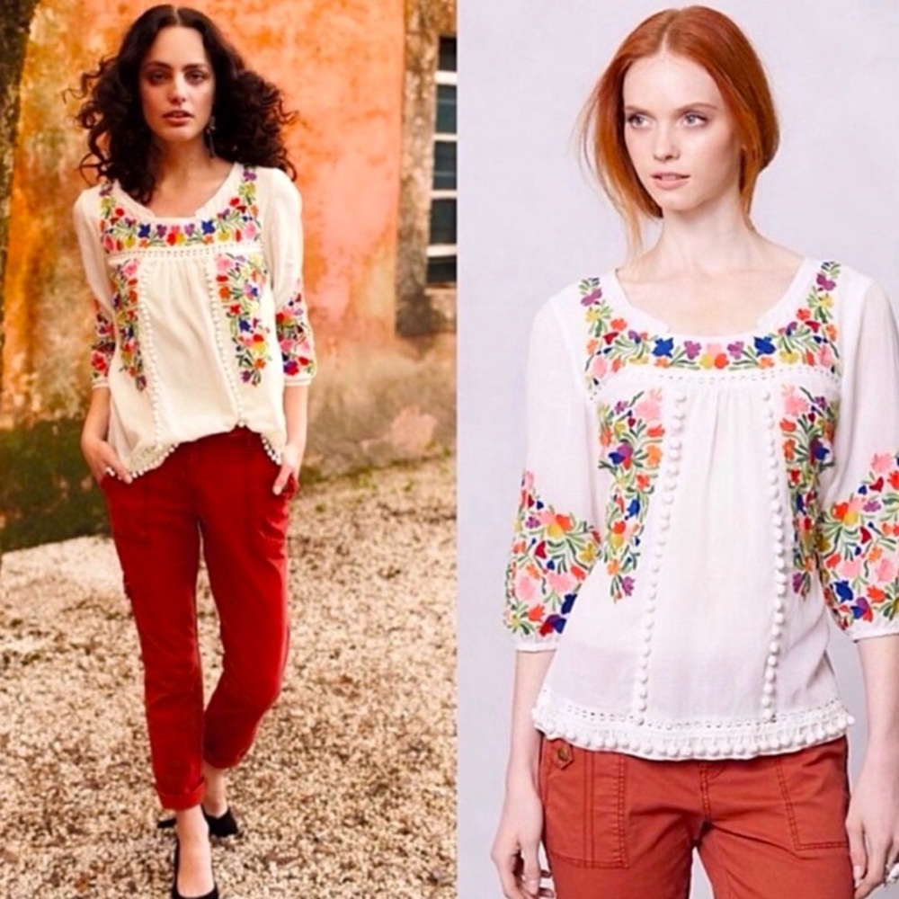 VANESSA VIRGINIA ANTHRO J. CREW EMBROIDERED POM POM TUNIC TOP 6